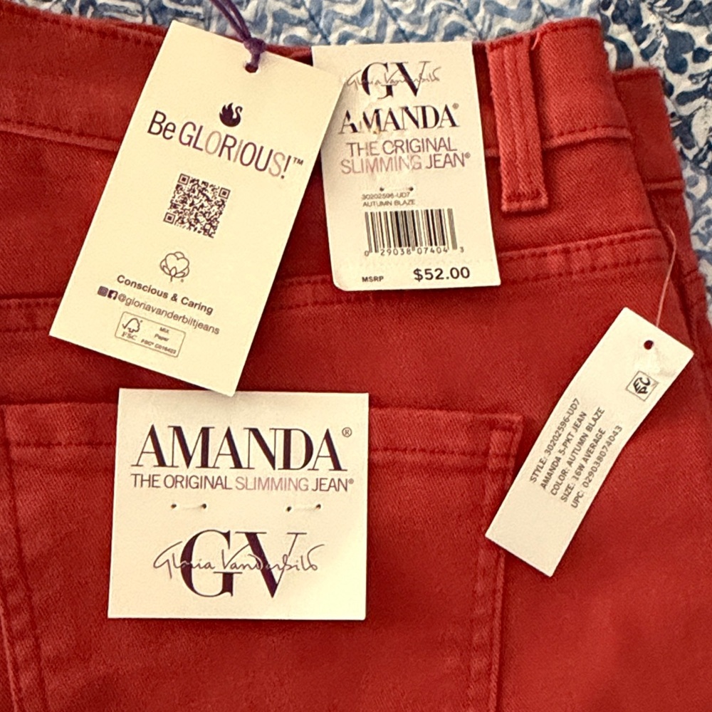 Gloria Vanderbilt Women's Amanda Jeans autumn blaze 16w NWT